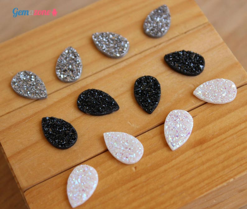 13X8MM Druzy Cabochon / Natural Druzy Quartz / Pear Druzy / Faux Druzy / Silver Black White Druzy Drusy / Loose Gemstone Jewelry Making 2 Pc image 2