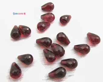 8X5MM Natural Garnet loose faceted briolette tear drop, half drilled hole, deep red wine, semi precious stone, 2 pcs, January birthstone