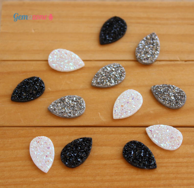 13X8MM Druzy Cabochon / Natural Druzy Quartz / Pear Druzy / Faux Druzy / Silver Black White Druzy Drusy / Loose Gemstone Jewelry Making 2 Pc image 4