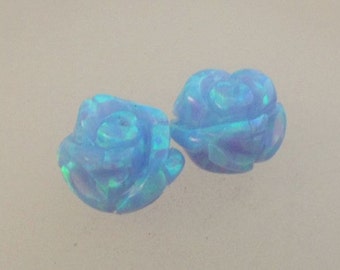 8MM Flower Rose Opal Beads / Loose Half Drilled Hole Beads / 8X8 mm / light blue Lab Created Opal / Gemstone Beads / Jewelry Making / 2 pcs