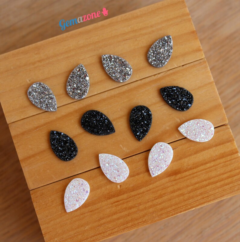 13X8MM Druzy Cabochon / Natural Druzy Quartz / Pear Druzy / Faux Druzy / Silver Black White Druzy Drusy / Loose Gemstone Jewelry Making 2 Pc image 5