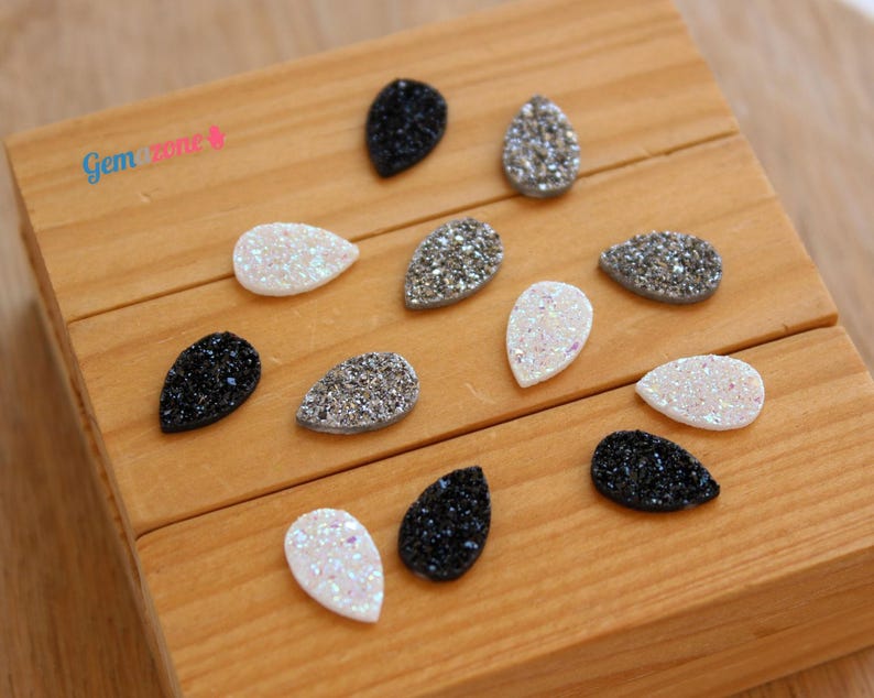 13X8MM Druzy Cabochon / Natural Druzy Quartz / Pear Druzy / Faux Druzy / Silver Black White Druzy Drusy / Loose Gemstone Jewelry Making 2 Pc image 3