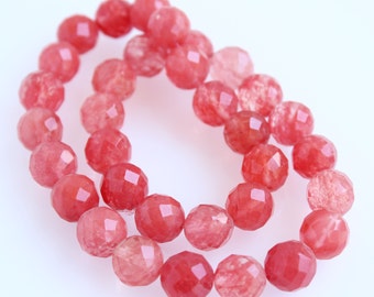 12mm Cherry Quartz Faceted Beads / Salmon Pink Red Beads / Full hole Gem Stone Beads / Quartz beads / jewelry making / full strand