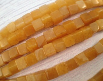 4mm Yellow Jade Cube Beads / Smooth Natural Gemstone / Genuine Stone / 1.2mm Full Drilled Hole / 1 Full Strand / Jewelry Making