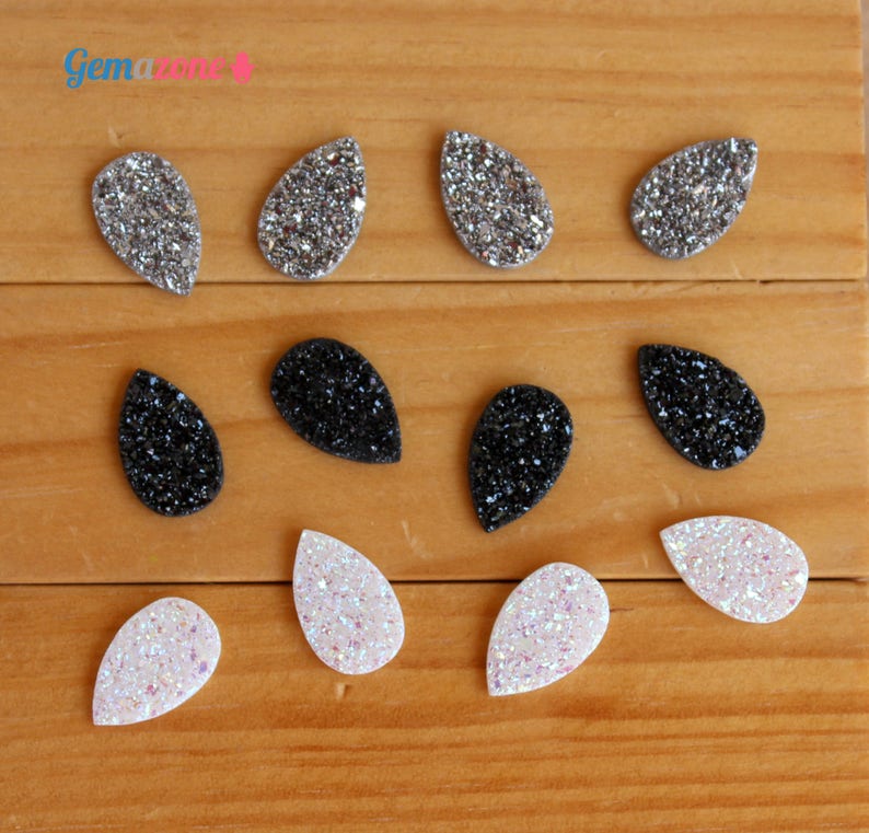 13X8MM Druzy Cabochon / Natural Druzy Quartz / Pear Druzy / Faux Druzy / Silver Black White Druzy Drusy / Loose Gemstone Jewelry Making 2 Pc image 1