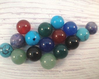 8MM Round gemstone beads half drilled hole - Onyx / Carnelian / Green or blue Agate / Aventurine / Turquoise / Sodalite / Howlite - 20 pcs