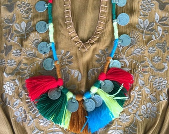 KUCHI COIN HAWAII| Tassel Fringe Necklace|Gypsy Tribal | Afghani Coin Festival|Vintage Rupee Coins| Boho- Hippie Style| Nomad|