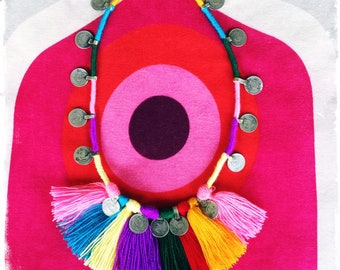 KUCHI COIN Mexican RAINBOW| Tassel Fringe Necklace |Gypsy Tribal | Afghani Coin Festival|Vintage Rupee Coins| Boho- Hippie Style| Nom