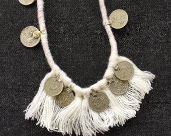 KUCHI COIN WHITE| Tassel Fringe Necklace| Gypsy Tribal Tassels | Afghani Coin Festival|Vintage Rupee Coins| Boho- Hippie Style|Nomad