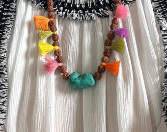 KAI LEI Turquoise/Rudraksha Bead Choker | Ice Cream Tassels|  NEW