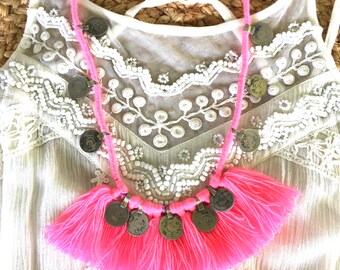 KUCHI COIN HOTPINK| Tassel Fringe Necklace| Gypsy Tribal Tassels | Vintage Afghani| Festival Rupee Coins| Boho- Hippie Style| Nomad