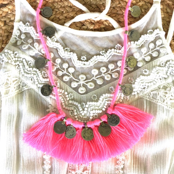 KUCHI COIN HOTPINK| Tassel Fringe Necklace| Gypsy… - image 1