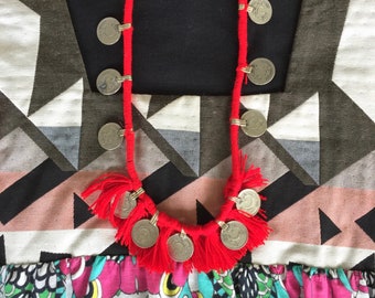 KUCHI COIN RED| Tassel Fringe Necklace| Gypsy Tribal Tassels | Afghani Coin Festival|Vintage Rupee Coins| Boho- Hippie Style|Nomad