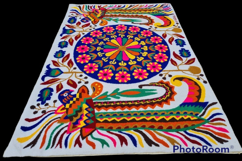 VINTAGE Hookrug TAPESTRY/ mediados de siglo/1960 /Arte de pared de fibra de pájaro colorido /Teresa González/ Único en su clase/6x4 imagen 8