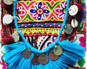 KUCHI COIN TURQUOISE| Tassel Fringe Necklace| Gypsy Tribal Tassels | Afghani Coin Festival|Vintage Rupee Coins| Boho- Hippie Style| Nomad