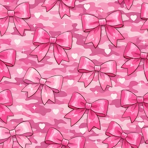 May include: A repeating pattern of pink bows on a pink camouflage background. White hearts and starbursts are scattered throughout the design. The bows have a glossy finish and are shaded to give a 3D effect.