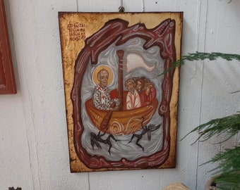 St Nicholas saves the sailors at sea - Religious Folk Icon hand-painted  Miracle of Agios Nikolaos Byzantine icons and tradition of Greece