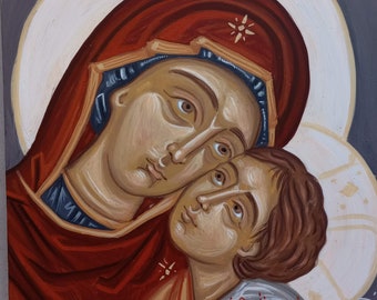 Sweet Kissing Mother of God Tenderness Madonna- Contemporary Byzantine icon orthodox catholic painting Virgin Mary of Loving Kindness-