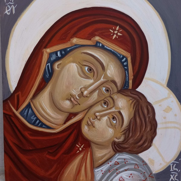 Sweet Kissing Mother of God Tenderness Madonna- Contemporary Byzantine icon orthodox catholic painting Virgin Mary of Loving Kindness-