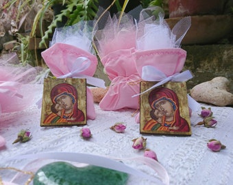 Cadeaux de baptême bomboniere pour bébé fille, 25 pièces, icône orthodoxe de la sainte mère Theotokos, sacs roses, cadeau pour parrains et invités