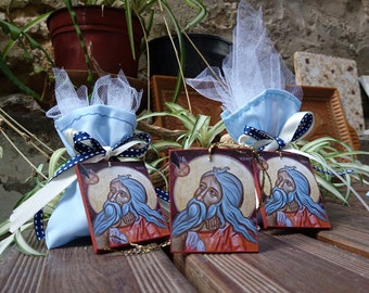 Cadeaux de baptême bomboniere pour bébé garçon 25 pcs Prophète Elias icône orthodoxe charme sacs bleu marine grec orthodoxe boubounieres cadeau des parrains