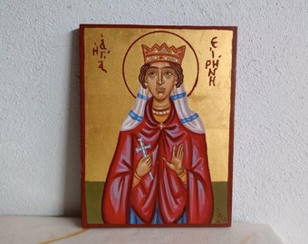 Byzantine icon of Saint Irene of Thessalonica Handpainted in 22K gold background eggtempera on plywood- St Irini baptism name day greek gift