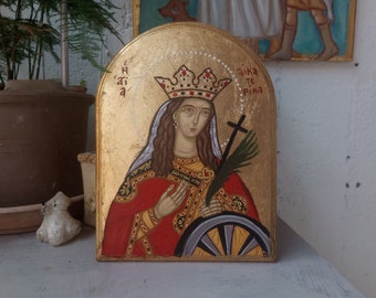 Saint Catherine of the Wheel  - Saint Aikaterina traditional byzantine icon name day  gift  painted by hand eggtempera on wood