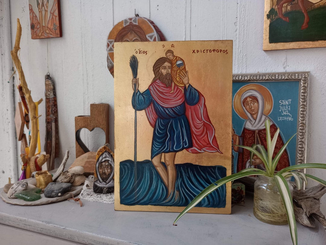 Icon of St Christopher With Christ Child Contemporary Byzantine Art in