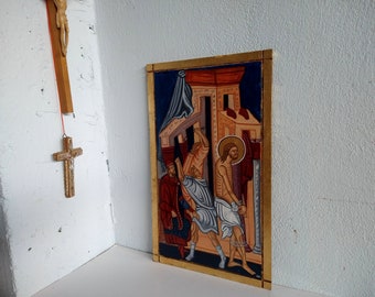 The Flagellation of Christ, religious painting in thin plywood measuring 25x40cm -The Scourging at the Pillar Byzantine icons and art