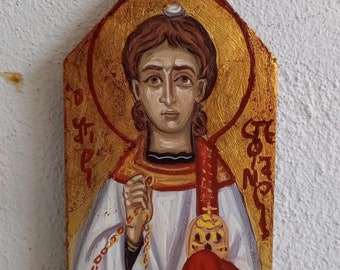 Contemporary icon of St Stephen the First Christian Martyr- Acrylics on a carved panel Saint Stefanus sacred iconography