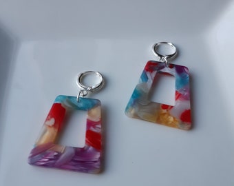 Beautiful acrylic multicolored earrings, gold or silver little hoop earrings, rectangular earrings, for girls, gift for her.