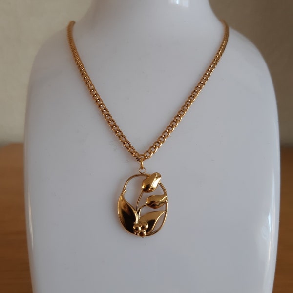 Gouden tulpen aan roestvrijstalen ketting/ choker, medaillon met gouden tulpen, ketting goud dames, rvs behoud ze kleur, ketting met hanger.