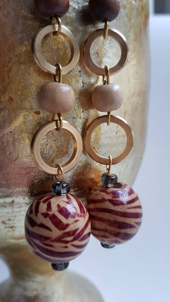 Wood earrings wooden  pearls.  Gold metal brass, … - image 3