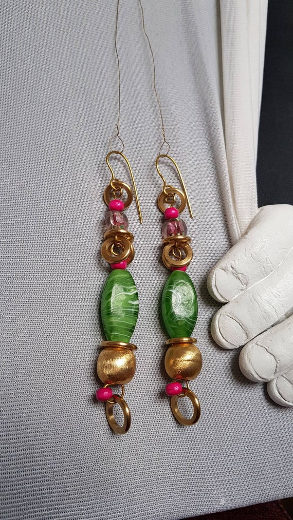 Murano glass earrings wooden pearls.Gold metal bra