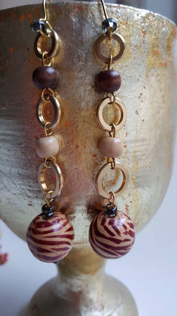 Wood earrings wooden  pearls.  Gold metal brass, … - image 1