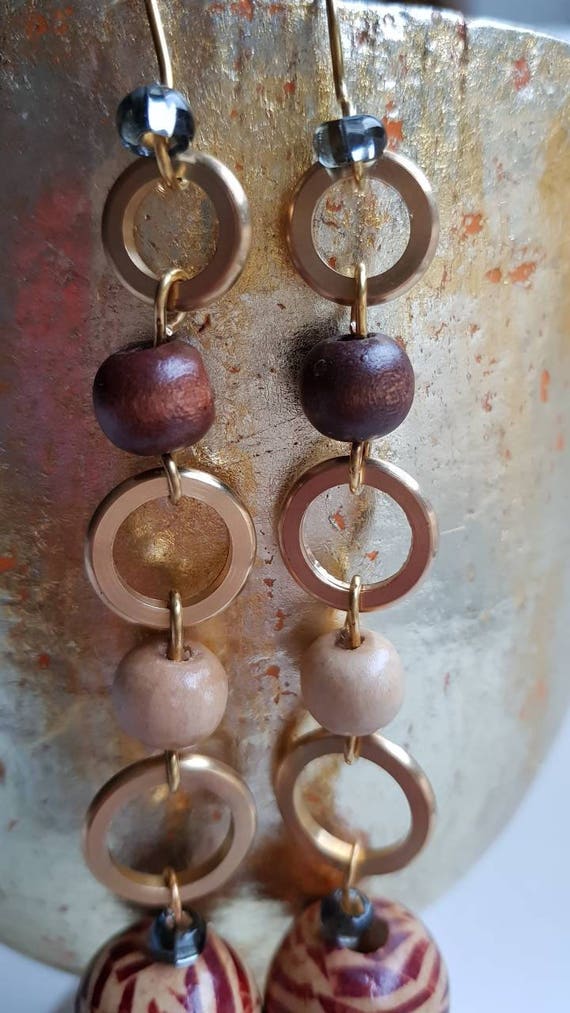 Wood earrings wooden  pearls.  Gold metal brass, … - image 4