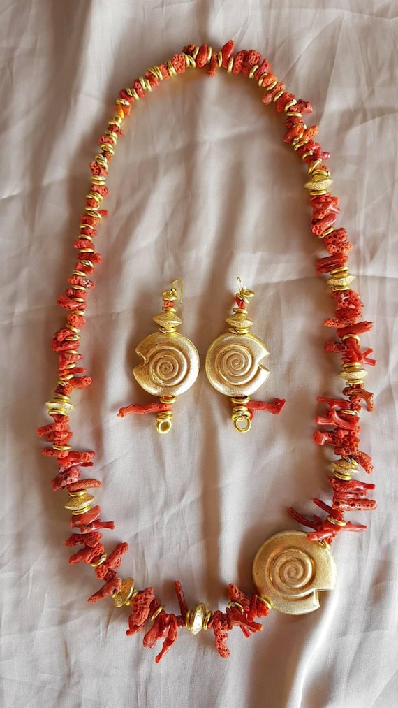 Coral Real Mediterranean Red Metal Necklace.authentic, Vintage Handmade,  Jewelry,33.86 Long. Weight 157gr.ethnic Boho Elegant Unique Piece 