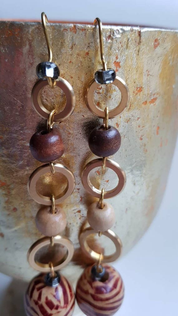 Wood earrings wooden  pearls.  Gold metal brass, … - image 5