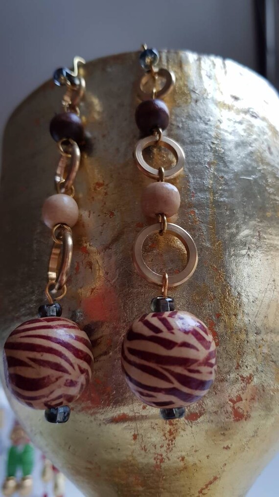 Wood earrings wooden  pearls.  Gold metal brass, … - image 2