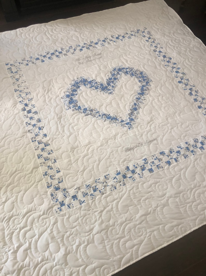 Heirloom Family Heart Quilt for Wedding, Anniversary, Baby, or Special Event with custom embroidery for a sentimental keepsake gift. image 7