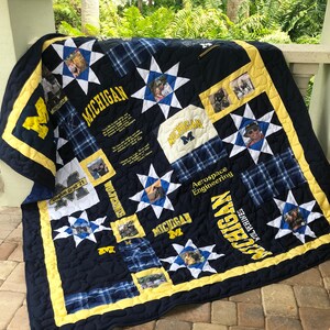 May include: A navy blue and yellow quilt featuring star-shaped patches with photos and the word "MICHIGAN" in yellow. The quilt has a navy blue border and includes the text "Aerospace Engineering" and "Goprue Grad '21".