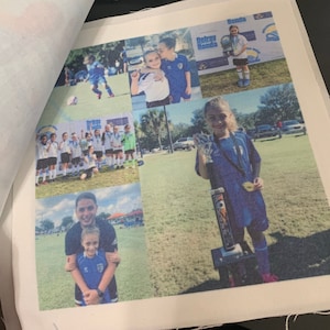 May include: A collage of photos featuring a young girl's football team. The photos show the team playing, practicing, and celebrating a win. The team's name, "Delray Honda", is visible in the background of some of the photos.