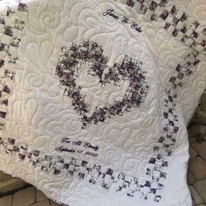 Heirloom Family Heart Quilt for Wedding, Anniversary, Baby, or Special Event with custom embroidery for a sentimental keepsake gift.