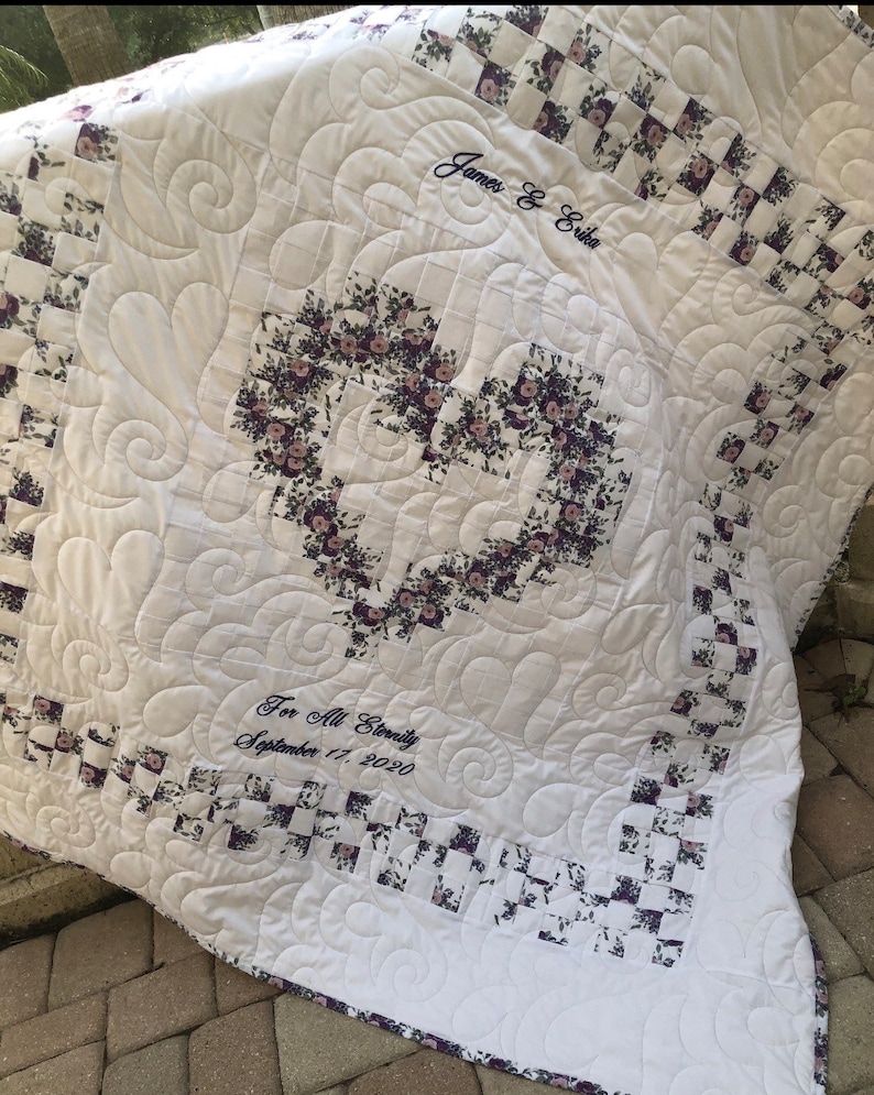 Heirloom Family Heart Quilt for Wedding, Anniversary, Baby, or Special Event with custom embroidery for a sentimental keepsake gift. image 1