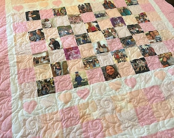 Photo Quilt- “Simple Squares with Hearts and photo squares.