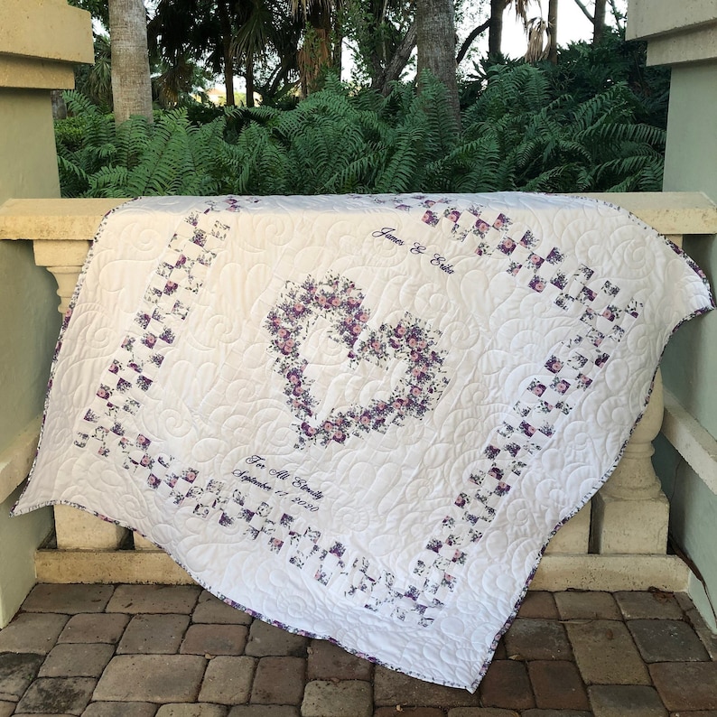 Heirloom Family Heart Quilt for Wedding, Anniversary, Baby, or Special Event with custom embroidery for a sentimental keepsake gift. image 2