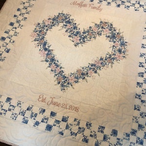 Heirloom Family Heart Quilt for Wedding, Anniversary, Baby, or Special Event with custom embroidery for a sentimental keepsake gift. image 4