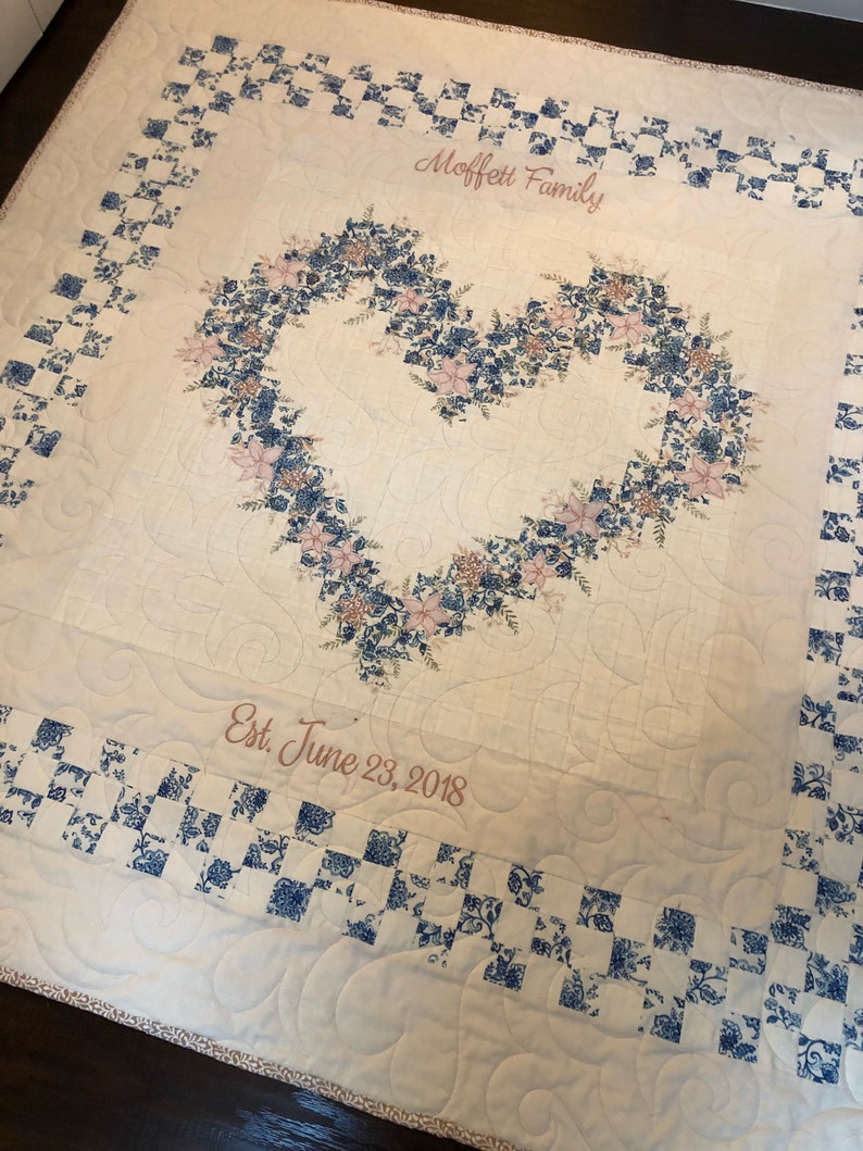 Heirloom Family Heart Quilt for Wedding, Anniversary, Baby, or Special Event with custom embroidery for a sentimental keepsake gift. image 4