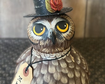 Gourd Owl sculpture with Top Hat and BE MINE tag