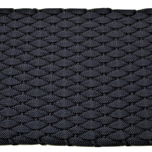 May include: A rectangular, dark navy blue doormat with a woven, textured pattern. The mat's design features a repeating, overlapping scale-like texture, creating a durable and visually appealing surface. This mat is suitable for outdoor use.